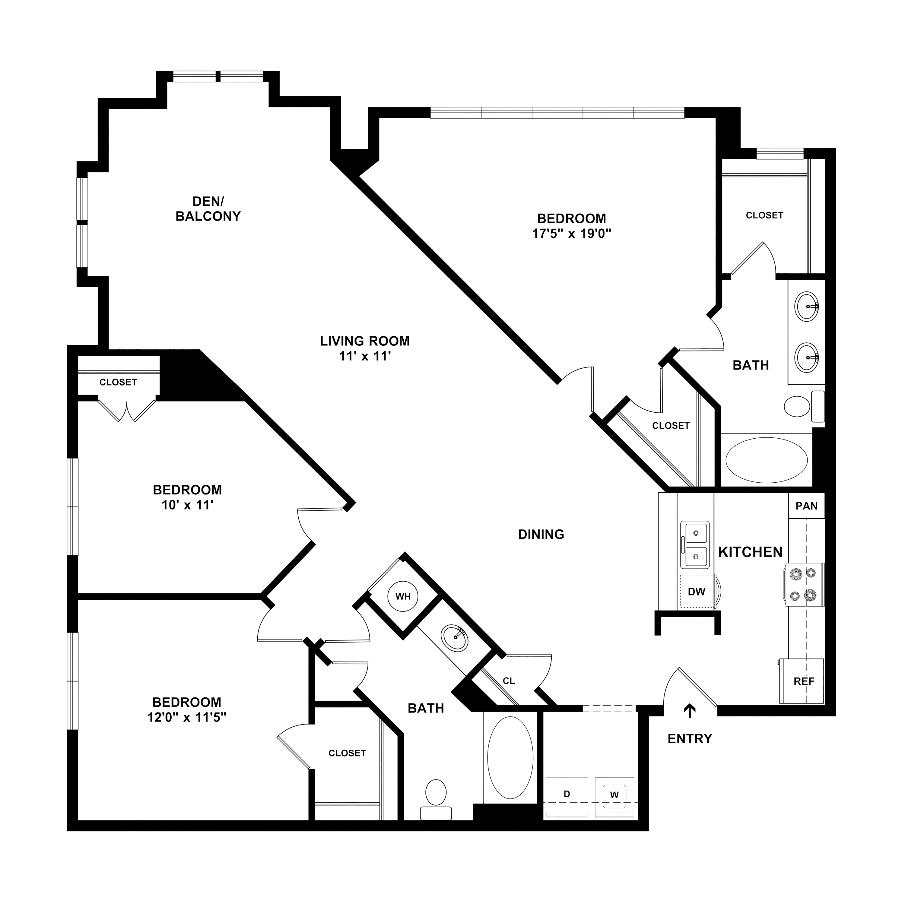 Floor plan for 3 beds, 2 baths, 1402 sqft